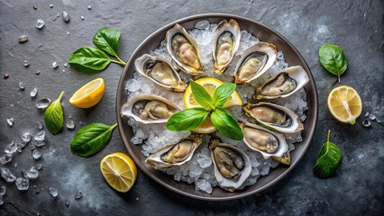 Plate of raw oysters on crushed ice with lemon and basil , seafood, oysters, fresh, raw, delicacy, appetizer, gourmet