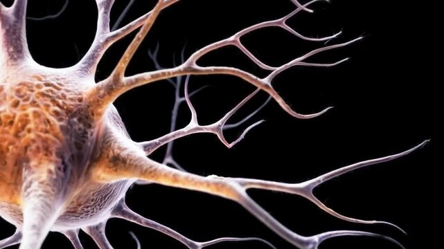 A signal transmitting neuron. One human nerve cell isolated on a black background, system neuron of brain with synapses and electrical activity. Microbiology concepts. Generative AI