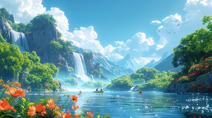 A whimsical cartoon rafting adventure with characters navigating a playful river with waterfalls and rapids, surrounded by lush green forests and vibrant flowers.
