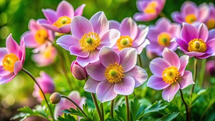 Fototapeta premium Delicate, newly bloomed virgin flowers with gentle, purplish-pink petals and soft yellow centers sway in the breeze, surrounded by lush green foliage in early spring.