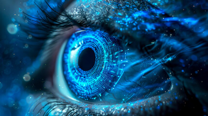 Blue eye with futuristic digital technology hud interface overlay