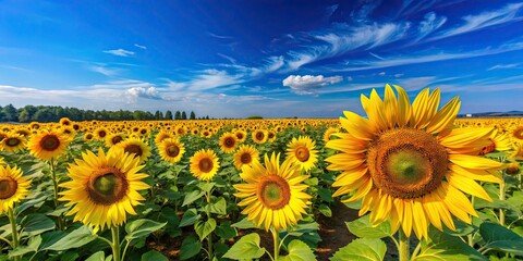 Obraz premium Vibrant sunflower field under the clear blue sky, Nature, yellow, flowers, sunny, happiness, growth, beauty, summer, agriculture