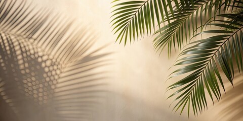 Blurred shadow of palm leaves on light cream wall background , summer, spring, minimalistic, product presentation, shadow