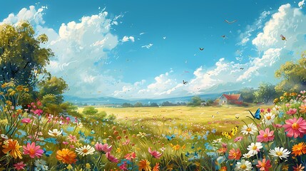 A whimsical cartoon scene of a spring meadow filled with blooming flowers of various colors and fluttering butterflies, under a bright blue sky with fluffy clouds.