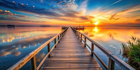 Fototapeta premium Tranquil wooden bridge over serene waters at sunset , sunset, serenity, wooden bridge, tranquil, waters, reflection, peaceful, calm