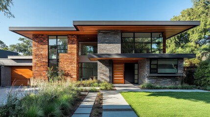 Modern Brick and Stone House with Landscaped Front Yard