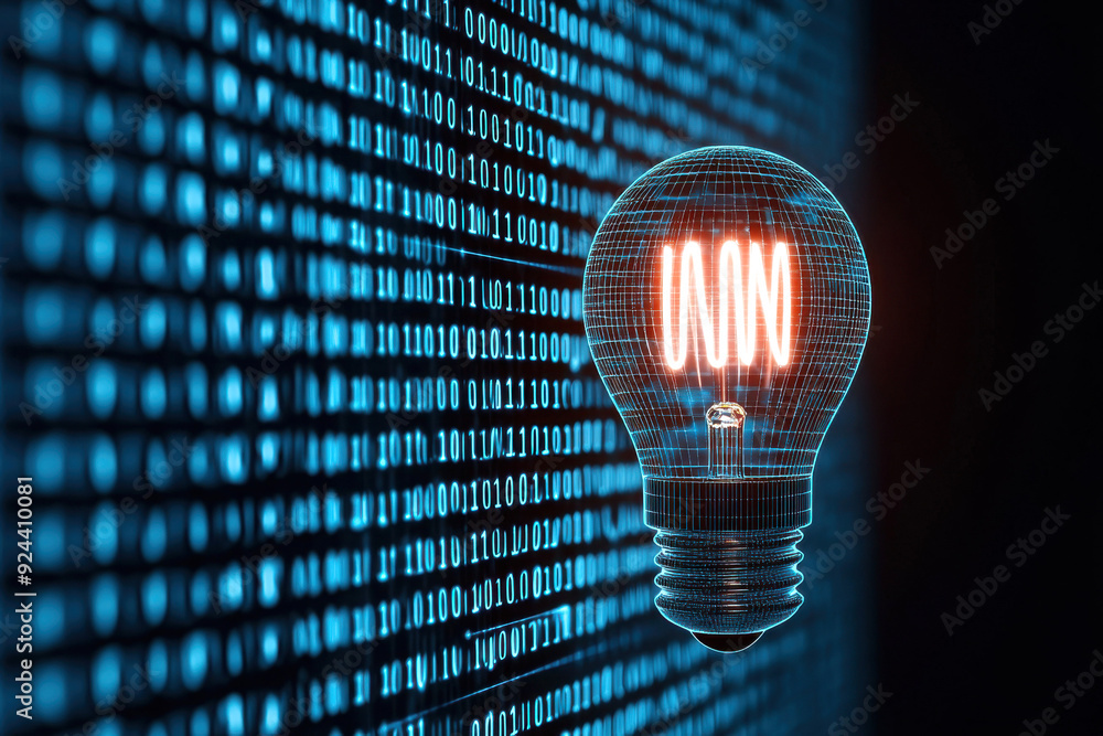 Poster a creative light bulb illuminated against a digital binary background representing innovation and te