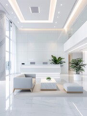 A high-resolution photo of a modern office lobby with clean lines and soft colors, professional and inviting,
