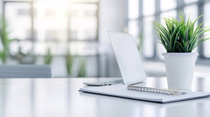 Fototapeta premium A high-resolution photo of a clean and modern office workspace with a laptop and notepad, soft natural light,
