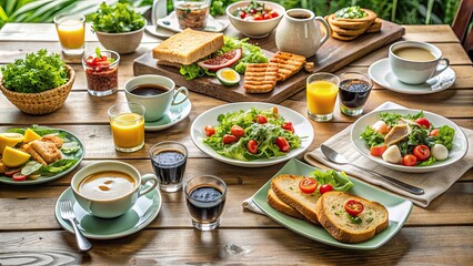 Brunch table set with salads, toast, and coffees, salad, toast, coffee, brunch, table, food, healthy, fresh, meal