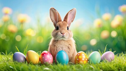 Cute Easter Bunny with colorful eggs, Easter, Bunny, Spring, Holiday, Celebration, Egg, Cute, Rabbit, Colorful