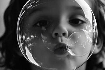 A child blowing a bubble, and the bubble perfectly framing their face