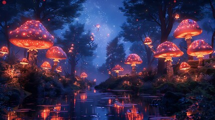 Naklejka premium An enchanted cartoon forest scene with glowing mushrooms, unicorns, and magical creatures, whimsical trees with faces, and a starry night sky.
