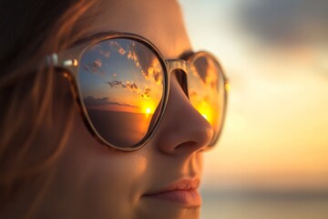 A person wearing sunglasses, with the sunglasses reflecting a perfect sunset