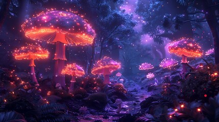 Fototapeta premium An enchanted cartoon forest with glowing mushrooms, fairy lights, and talking plants, whimsical creatures exploring, and a cloudy sky. The background shows a mysterious cave, colorful foliage,