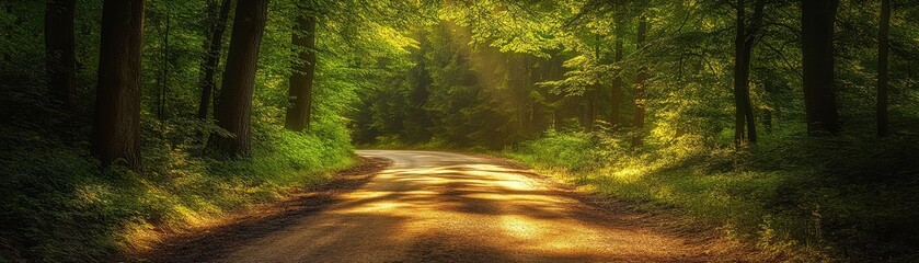 Obraz premium A serene forest road illuminated by soft sunlight, inviting exploration and connecting with nature in a tranquil setting.