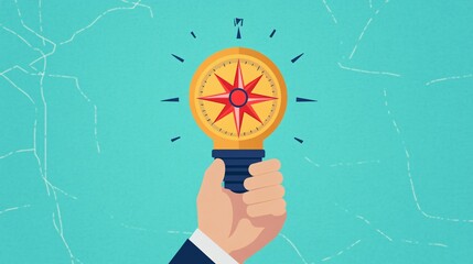 Depicts a hand holding a compass with a light bulb at its center, symbolizing the search for direction through enlightenment. 