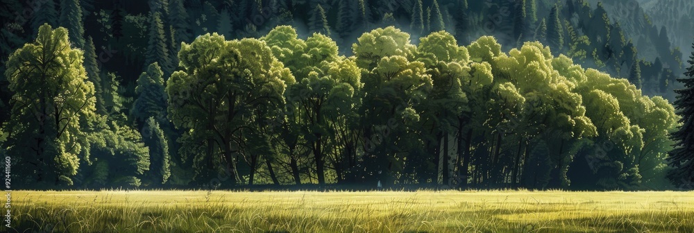 Poster a thick forest of lofty, ancient trees forms a dark green backdrop, contrasting with the vibrant ope