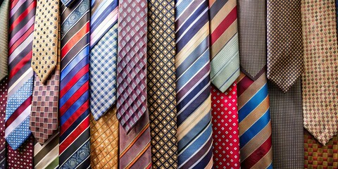 Close-up of wall with assorted patterned ties , fashion, accessories, neckwear, display, close-up, variety, colorful
