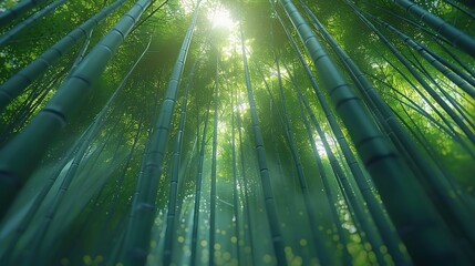 A beautiful scene of Arashiyama Bamboo Grove, soft sunlight illuminating the tall bamboo stalks, creating a peaceful and calming ambiance, detailed textures, vivid greens, hd quality, natural look.