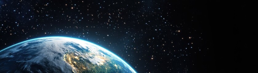 Fototapeta premium Majestic Planet Earth Viewed from Space with Distant Stars and Copy Space for Text Overlay
