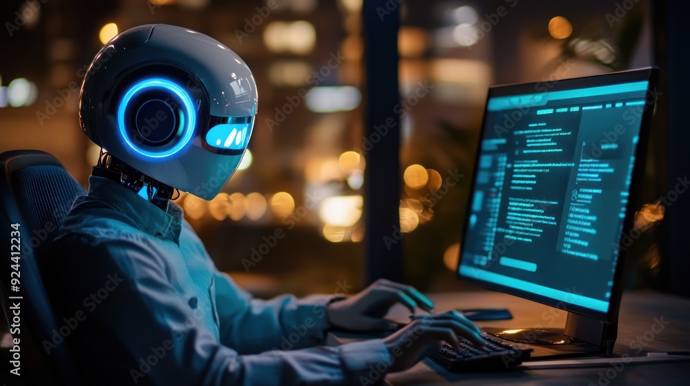 Poster A humanoid robot with a glowing blue helmet uses a computer.