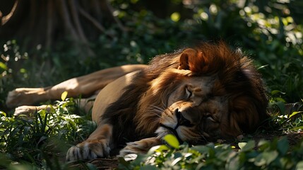 An adult lion resting on the jungle grass