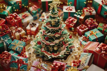 Naklejka premium A 3D paper cut depiction of a Christmas tree surrounded by beautifully wrapped gifts, with each layer showing intricate details like ornaments, tinsel, and ribbons