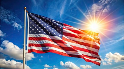 Obraz premium American flag waving in the wind on a sunny day , USA, patriotism, stars and stripes, red white and blue