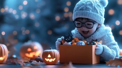 Children opening Halloween gift boxes with spooky and delightful surprises.