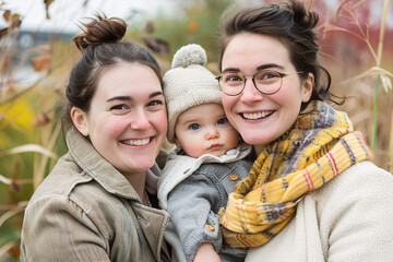 Fototapeta premium Family portrait of female homosexual couple with young child