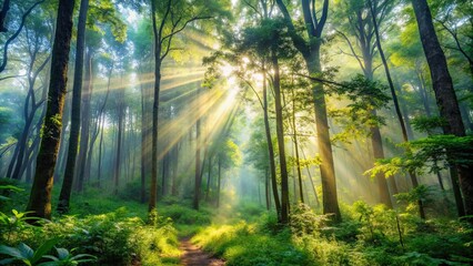 Serene forest with sunlight filtering through trees, gentle mist, lush greenery, forest, sunlight, trees, mist, greenery