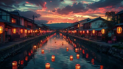 Obraz premium A captivating photograph of Otaru canals, glowing lanterns lighting up the evening, dusk sky with vibrant hues, reflections creating a magical ambiance, peaceful and serene atmosphere,