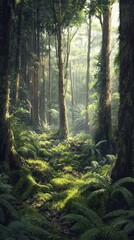 Obraz premium In a vibrant forest, sunlight filters through tall trees illuminating the ferns below
