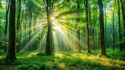Obraz premium Serene green forest with sunbeams through dense foliage , nature, trees, sunlight, tranquility, peaceful, woods, greenery, sunlight