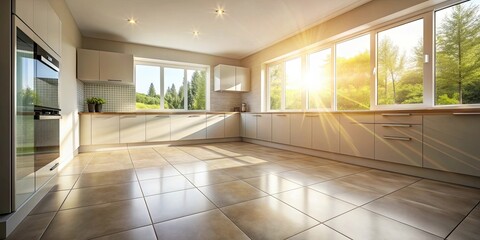 Fototapeta premium Sunshine streaming through window onto clean and modern tile floor in kitchen, sunlight, kitchen, tiles, clean, home