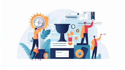 A group of people are working together to build a trophy