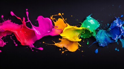 A vibrant splash of colorful paint on black background, symbolizing creativity and energy. The splashes should be dynamic with different colors representing the diversity in design thinking. 