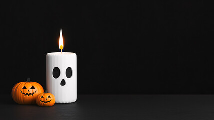 Candle shape of ghost with halloween decorations on black background