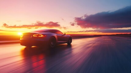 A sleek, silver car driving on a highway during a fiery sunset.