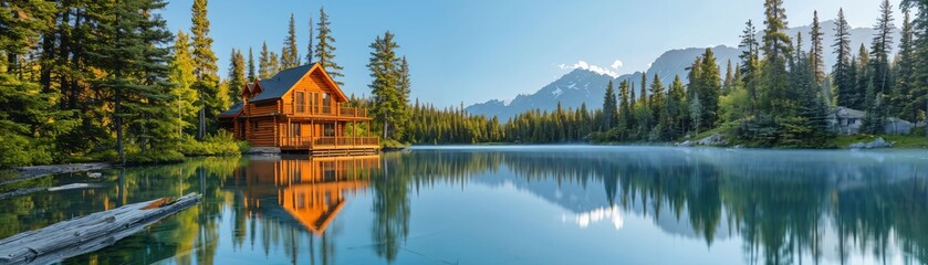 Fototapeta premium A picturesque lakeside cabin nestled in a forest, reflecting on tranquil waters with majestic mountains in the background creates an enchanting retreat for nature lovers.