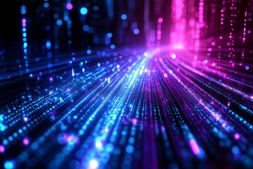 Abstract background with glowing blue and purple grid lines on a dark black background.