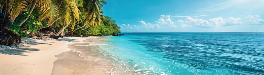 Experience the Tranquil Beauty of a Tropical Beach with Crystal Clear Waters, Lush Palm Trees, and a Breathtaking Sky Inviting You to Relax and Enjoy Nature's Splendor.