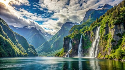 Fototapeta premium Picturesque fiord surrounded by towering mountains, cascading waterfalls