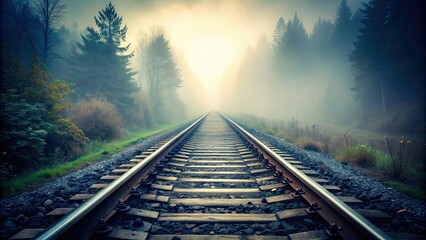 Fototapeta premium A misty railway disappearing into the fog , transportation, train tracks, foggy weather, atmospheric, mist, locomotive