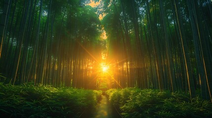 Obraz premium A picturesque image of Arashiyama Bamboo Grove, sunlight filtering through the tall bamboo stalks, creating a mystical and serene ambiance, vibrant greens, detailed textures, hd quality, natural look.