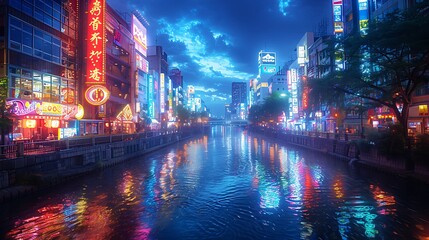 Fototapeta premium A picturesque image of Dotonbori, Osaka, neon signs glowing brightly, bustling streets with colorful reflections on the water, lively and vibrant atmosphere, detailed textures, hd quality,