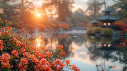 Obraz premium A picturesque image of Kenrokuen Garden, tranquil pond surrounded by vibrant spring flowers and traditional lanterns, soft morning light creating a tranquil ambiance, rich details, hd quality,