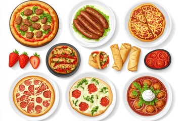 Set of various plates of food, top view, isolated on white background. Grilled chicken with vegetables, with generative ai