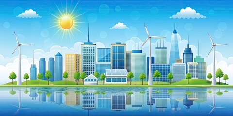 Obraz premium Cityscape with renewable energy icons including sun, wind, water , sustainability, environment, eco-friendly
